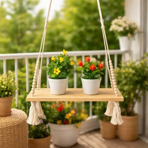 Wooden Hanging Shelf with Rope & Beads Decorative Wall Display Rack