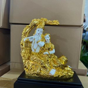 Radha Krishna Idol White and Golden Finish Statue for Home Temple Decor