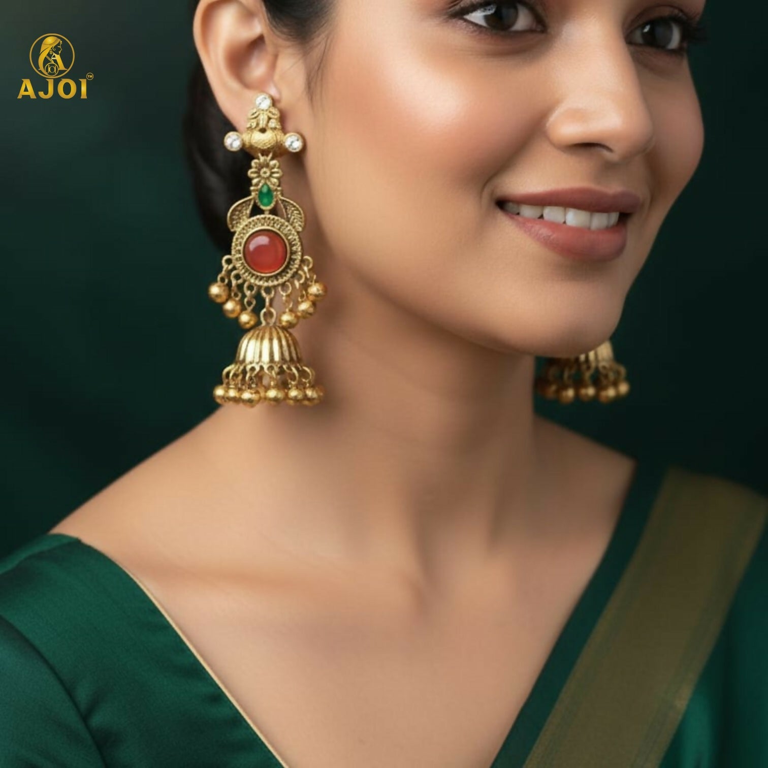 Cultural Heritage Long Jhumka Earrings with Red & Green Highlights