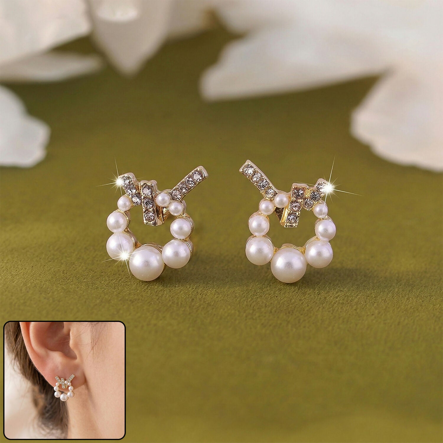 Korean Geometric Crystal Cross & Pearl Wreath Studs For Girls And Women - Image 2