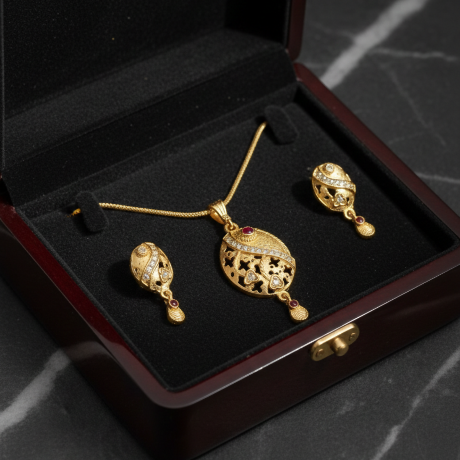 Oval Motif Gold Pendant and Earring Set Elegant Traditional Jewelry Set for Women - Image 7