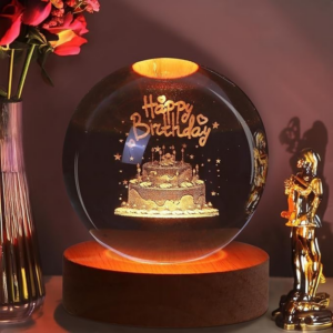 3D Crystal Ball Birthday LED Lamp with Wooden Base & Warm Light