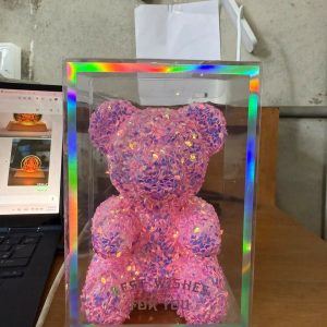 Pink Glitter Teddy Bear Showpiece with Gift Display Box Decor