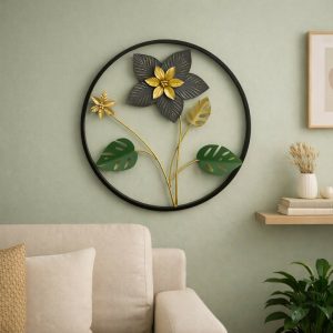 Metal Floral Wall Art Decor Round Frame Decorative Wall Hanging