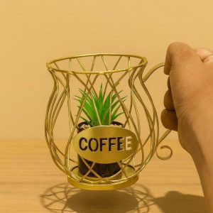 Coffee Cup Metal Planter Holder Decorative Tabletop Plant Pot Stand