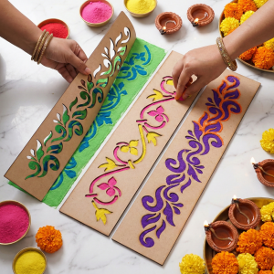 Wooden Rangoli Border Stencils - Set of 3 Traditional Designs for Diwali and Festivals