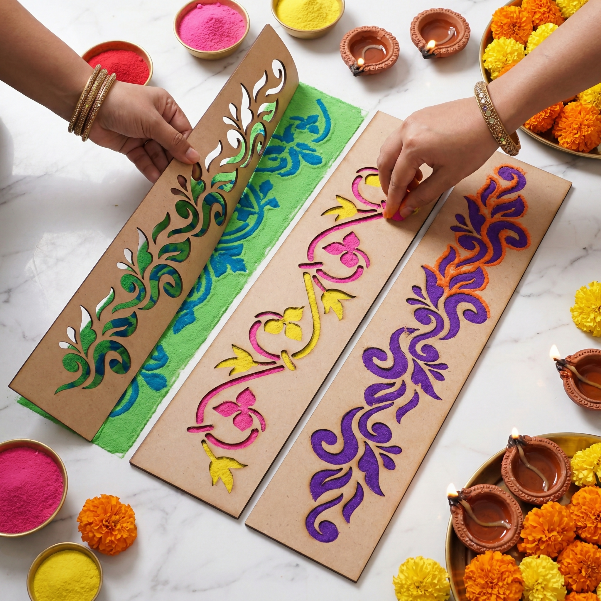 Wooden Rangoli Border Stencils - Set of 3 Traditional Designs for Diwali and Festivals - Image 3