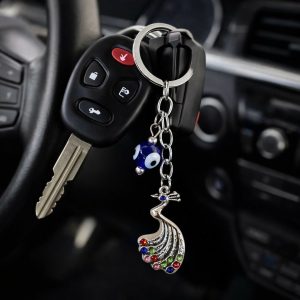 Peacock Evil Eye Keychain with Multicolour Stones for Car Keys & Bags
