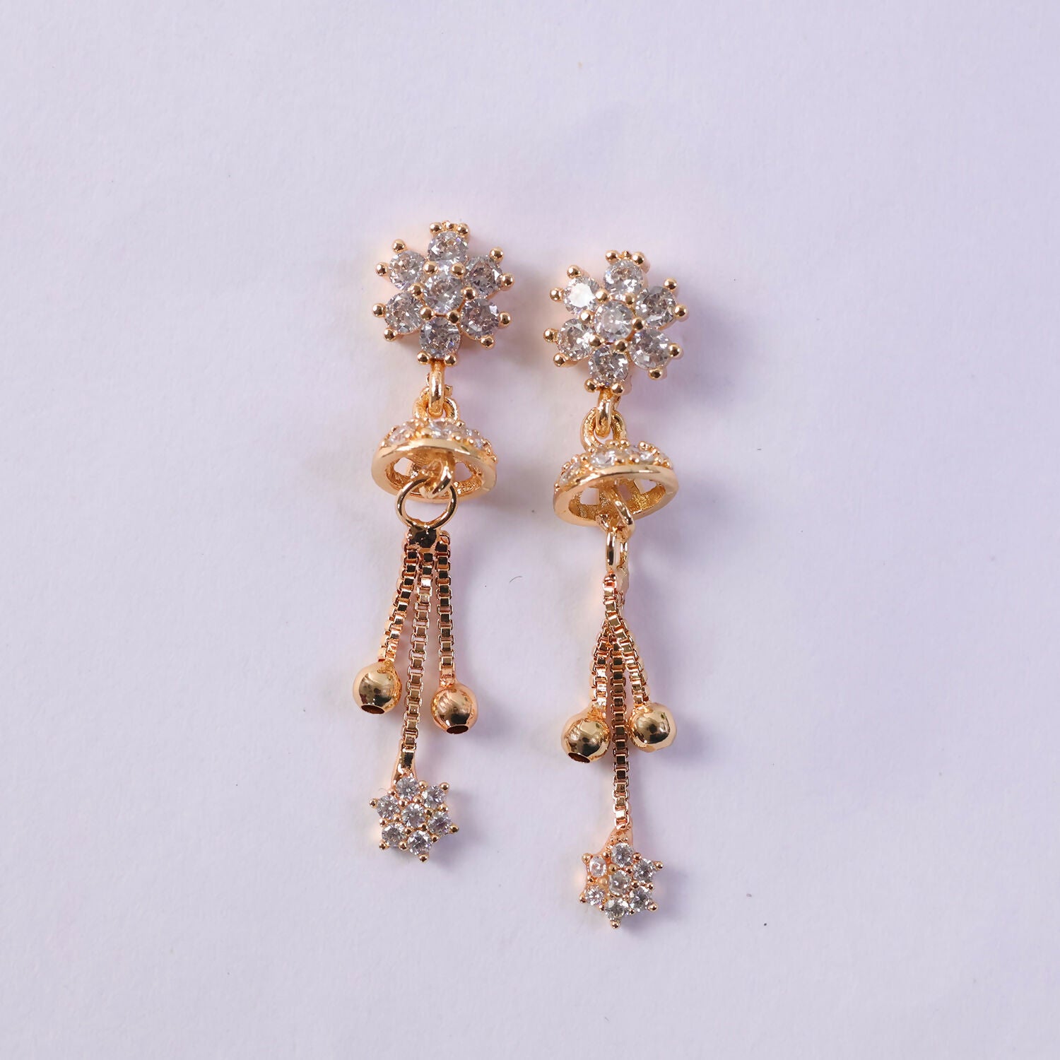 Floral Crystal Drop Earrings with Gold-Tone Chain Tassels - Image 5