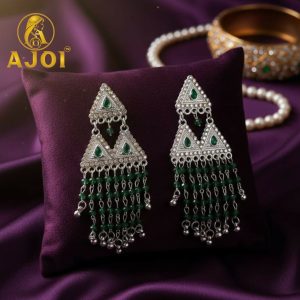 Emerald Royale Silver-Tone Triangle Statement Earrings with Layered Bead Tassels