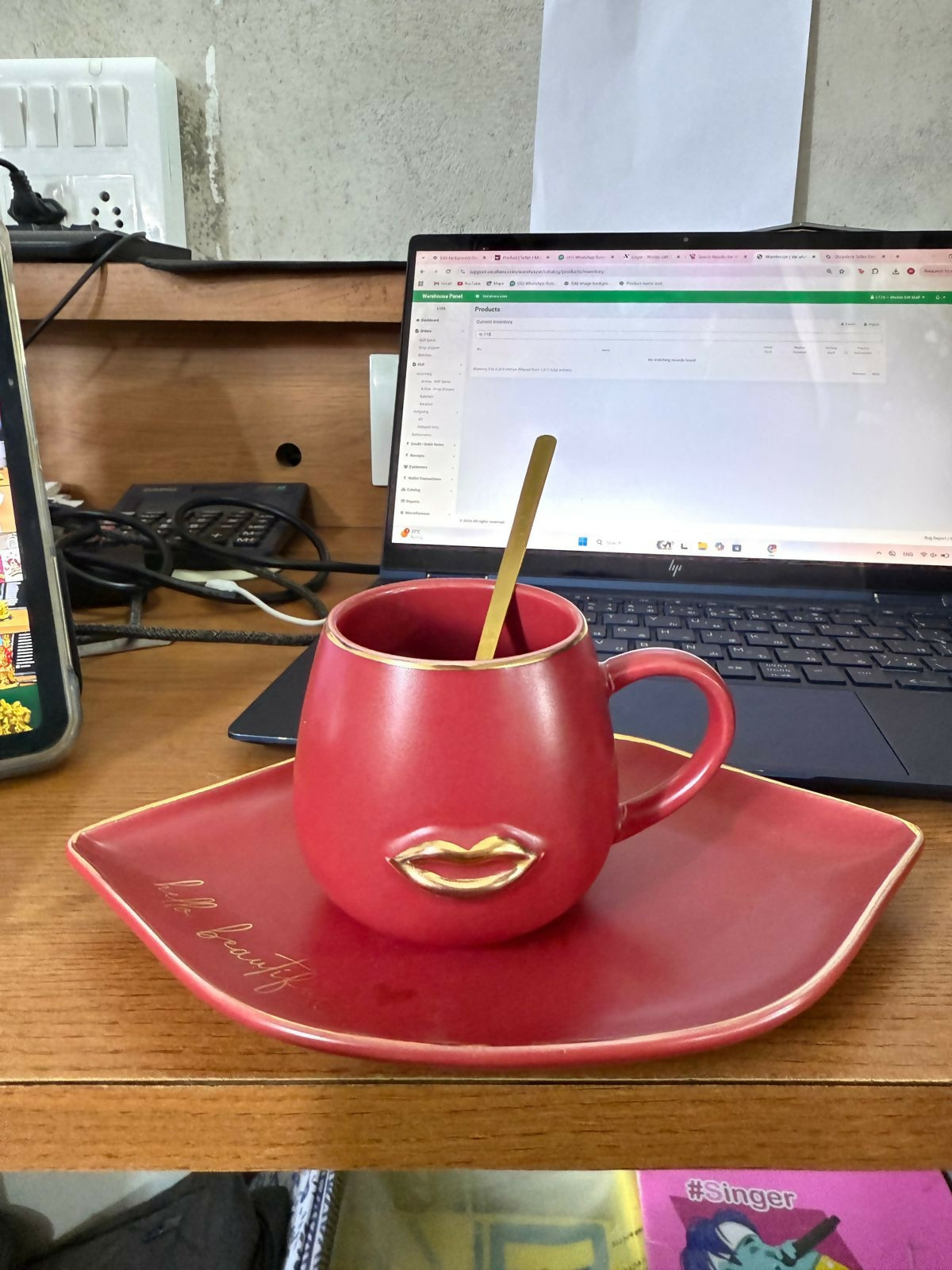 Red Ceramic Coffee Mug with Tray & Spoon Lip Design Cup Set - Image 6