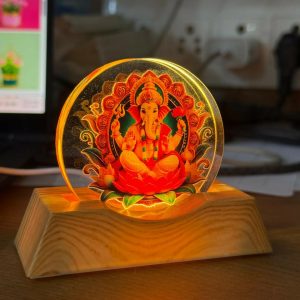 LED Lord Ganesha Acrylic Lamp with Wooden Base Spiritual Decor