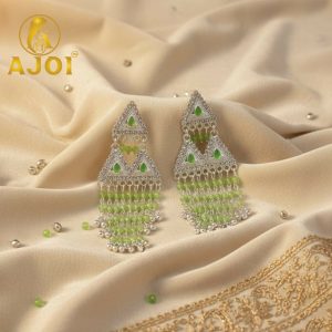 Royal Emerald Drop Silver Statement Earrings with Elegant Beaded Tassels