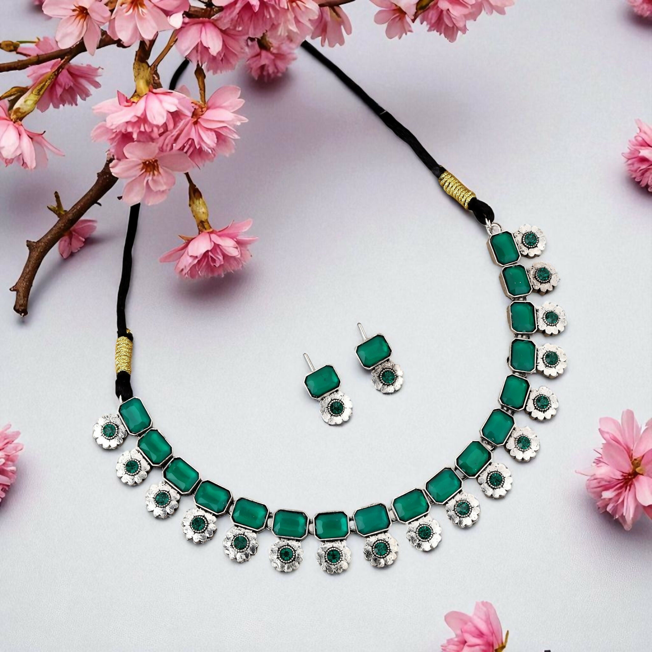 Bohemian Oxidized Silver Choker Set with Emerald Green Stones