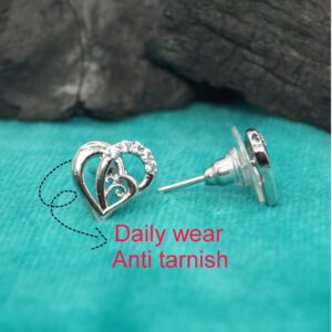 Silver-Plated Heart Stud Earrings with AD for women and girls