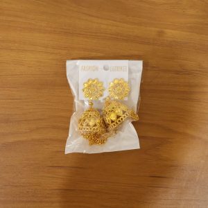 Traditional Gold Tone Floral Jhumka Earrings with Long Chain Tassel Design