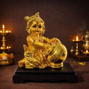 Bal Krishna Butter Pot Idol Golden Finish Statue for Home Temple Decor