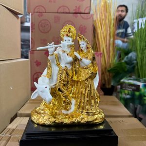 Radha Krishna with Cow Idol White and Golden Finish Statue for Home Temple Decor