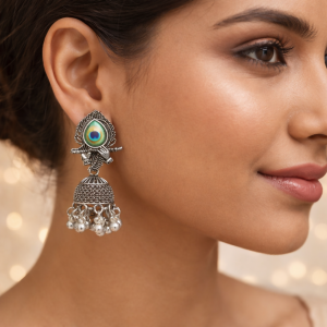 Beautiful Elegant Silver Oxidised Peacock Design Traditional Jhumka Earrings for Women
