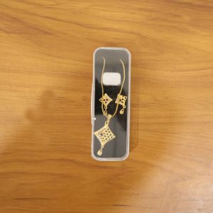 Cutwork Square Gold Pendant and Earring Set Elegant Traditional Jewelry Set