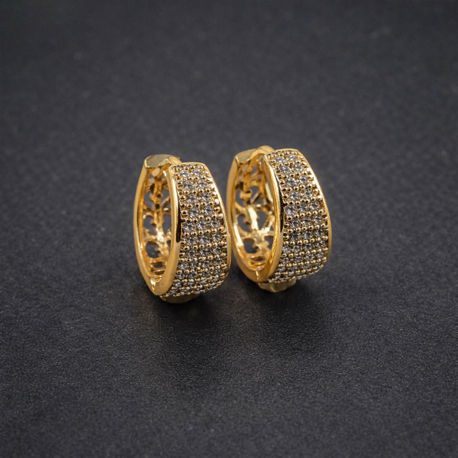 Luxury Crystal-Studded Gold Hoop Earrings – Wide Huggie Style Sparkling - Image 3