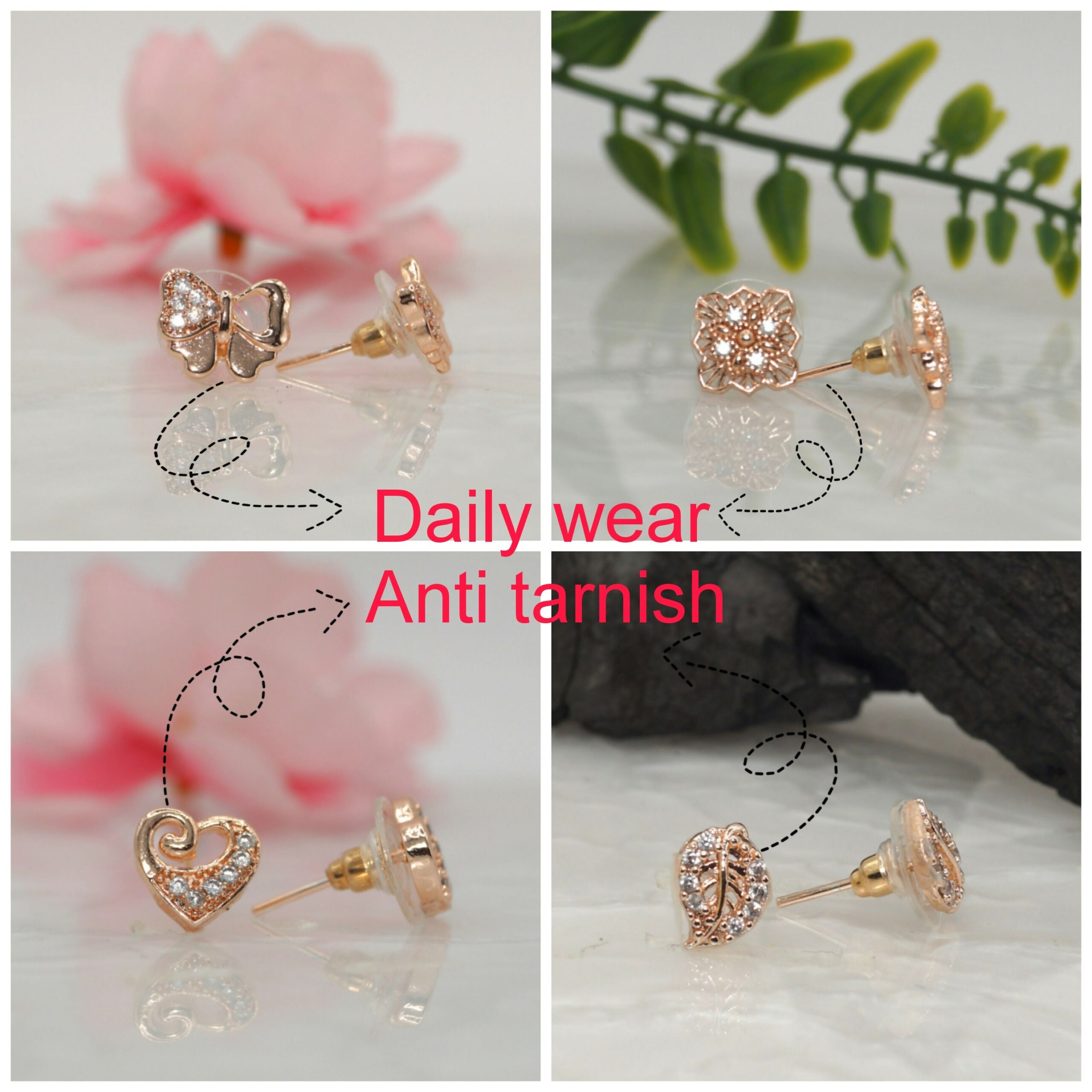 Rose Gold Plated CZ Stud Earrings Combo (4 Pairs) for women and girls - Image 2
