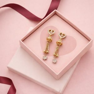 Gold Plated Double Heart Crystal Drop Earrings with Hanging Star Tassel