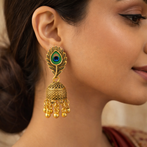 TRADITIONAL OXIDISED PEACOCK FEATHER JHUMKA EARINGS IN