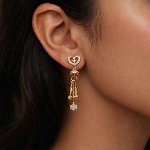 Gold Plated Double Heart Crystal Drop Earrings with Hanging Star Tassel