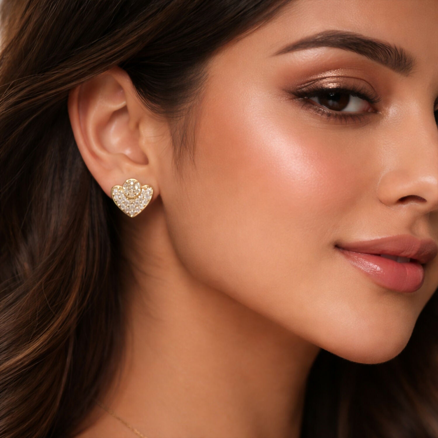 Gold Finish Heart Shape Stud Earrings with Stone Work for Women & Girl - Stylish Daily Party Wear Jewellery - Image 2