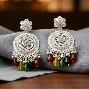 Silver-Tone Oxidized Bohemian Mandala Drop Earrings with Multi-Color Crystal Beads