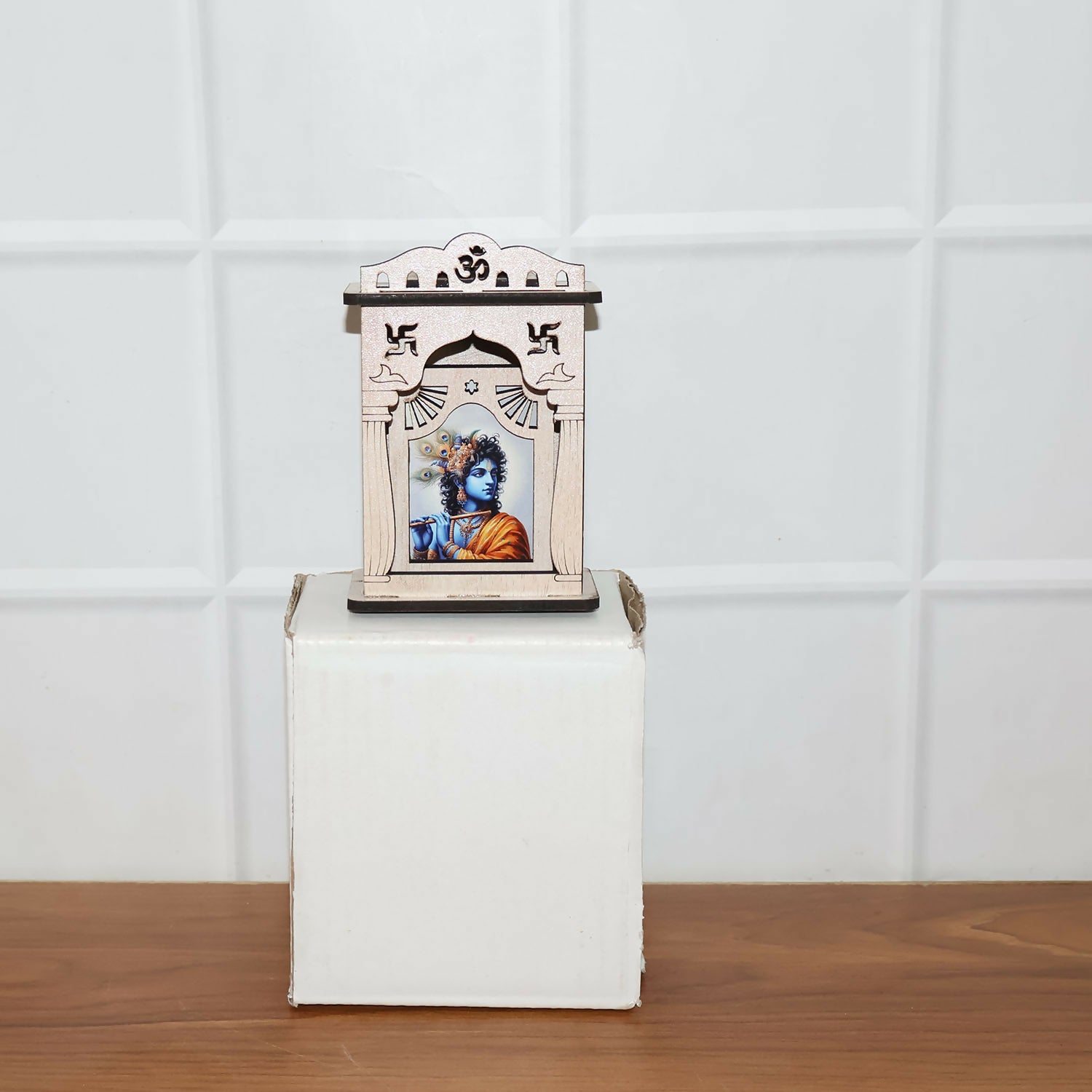 Wooden Krishna Mini Temple with Printed Image & Adhesive Base – Tabletop Mandir - Image 6