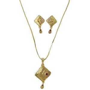 Ruby Square Gold Pendant and Earring Set Elegant Traditional Jewelry Set for Women