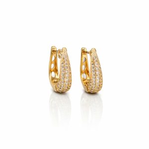 Elegant Curved Pavé Crystal Huggie Earrings in Gold Finish