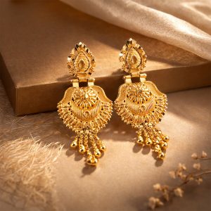 Handcrafted South Indian Heritage Gold Earrings with Intricate Leaf Motif and Classic Jhumka Dangles