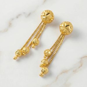 Heart Motif Designer Gold Earrings With Stone Line Work And Elegant Hanging Drop