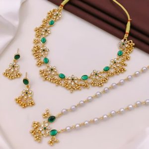 Elegant Gold-Plated Green Stone & Pearl Bridal Jewelry Set with Necklace, Earrings