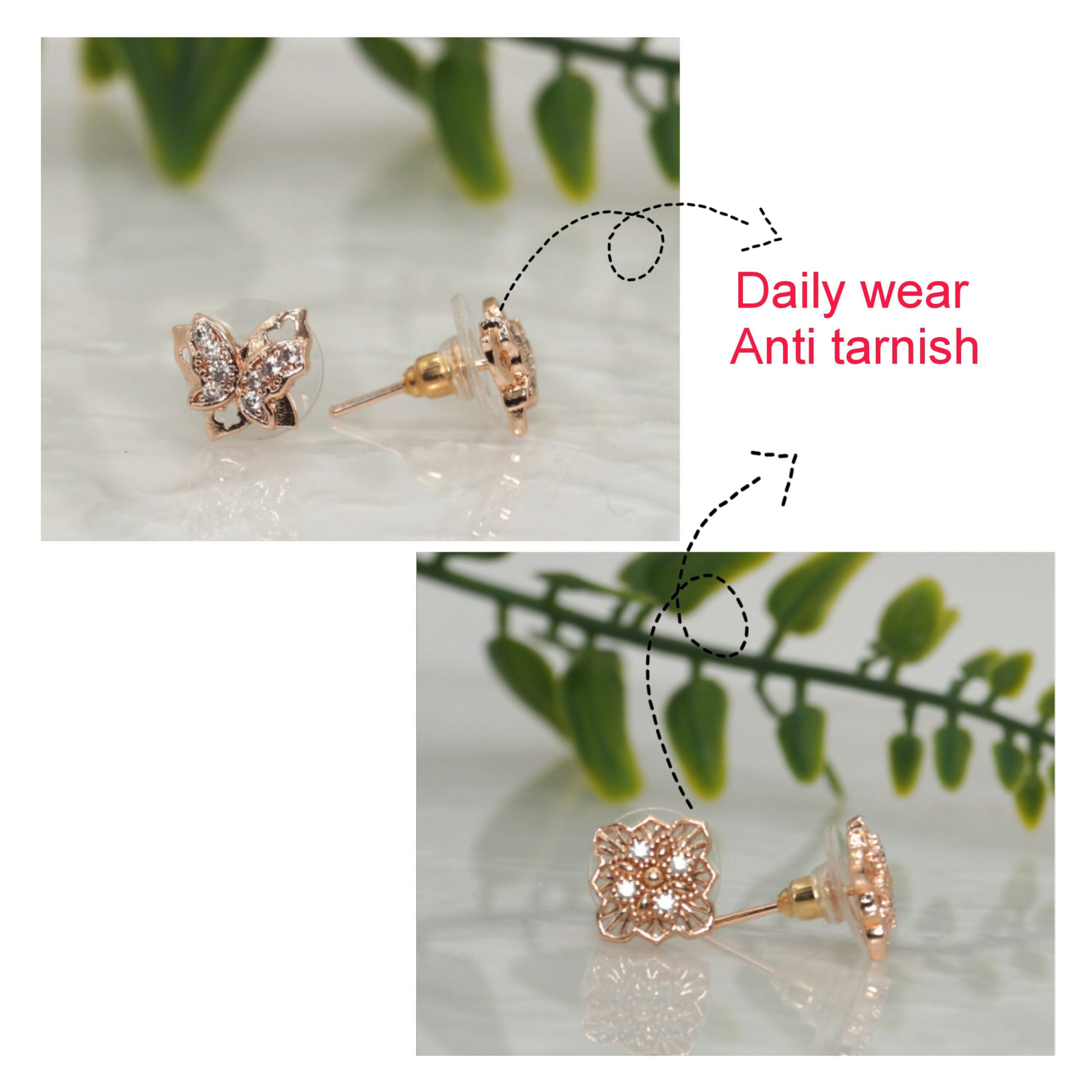Rose Gold Butterfly & Filigree Square Stud Earrings Set for women and girls Combo Pack of 2 - Image 2