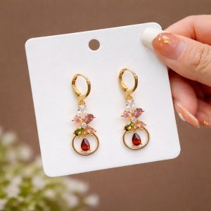 Gold-Tone Multicolor Floral Crystal Hoop Drop Earrings for Women