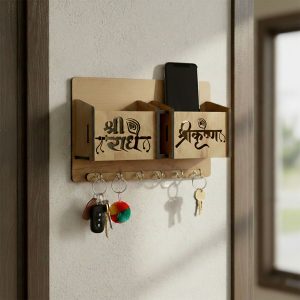 Wooden Wall Mounted Key Holder with Mobile Stand & 6 Hooks