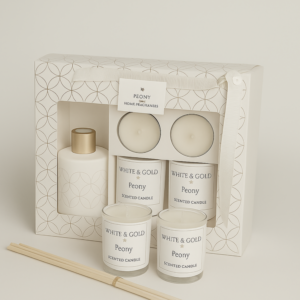 Luxury Peony Fragrance Gift Set with Scented Candle, Reed Diffuser & Tealights