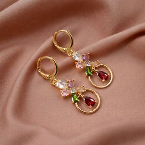 Gold-Tone Multicolor Floral Crystal Hoop Drop Earrings for Women