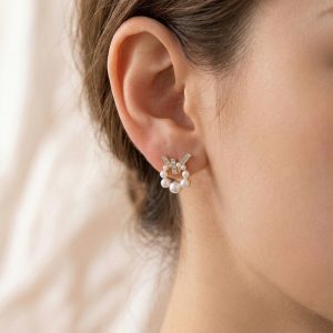 Korean Geometric Crystal Cross & Pearl Wreath Studs For Girls And Women