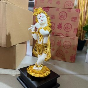 Lord Krishna Flute Idol White and Golden Finish Statue for Home Temple Decor