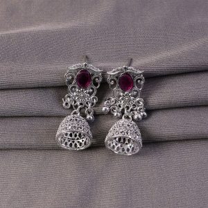 German Silver Jhumka Earrings with Red Monalisa Stones