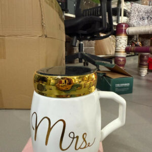 Mrs Ceramic Mug with Golden Lid & Handle | Premium Designer Tea & Coffee Cup for Women | Elegant Mrs Print Gift Mug | Heat-Retaining Lid | Perfect Gift for Wife, Girlfriend, Sister & Mom | Stylish Home & Office Mug (Mrs Edition)