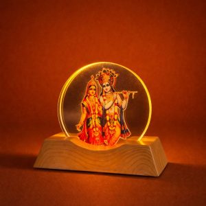 LED Radha Krishna Acrylic Lamp with Wooden Base Spiritual Decor