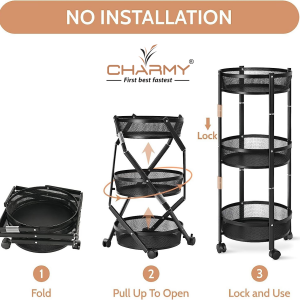 Collapsible 3-Tier Kitchen Trolley with Wheels | Foldable Metal Mesh Storage Rack | Heavy-Duty Vegetable & Fruit Basket Stand | Multipurpose Utility Cart for Home & Office