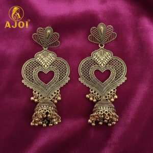 Premium Antique Heart Jhumka Earrings with Traditional Gold-Tone Detailing