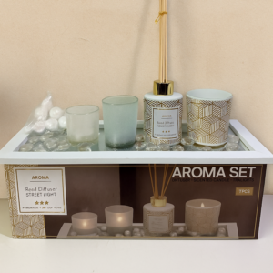 Aroma Premium 7-Piece Reed Diffuser & Scented Candle Gift Set | Home Fragrance Decor with Glass Tealight Holders | Relaxing Aromatherapy Set for Living Room, Bedroom & Office | Elegant Gifting Box for All Occasions